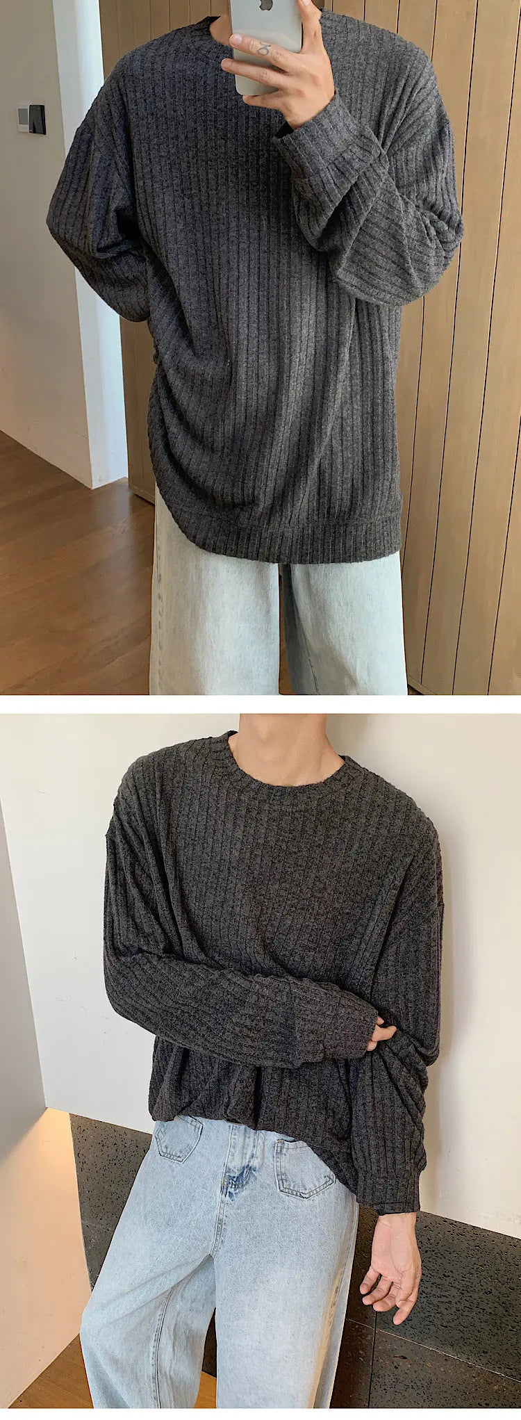Autumn Long Sleeved T-shirt Men Oversized Fashion Casual Striped T Shirt Men Streetwear Korean Loose Round Neck Tshirt Mens Top