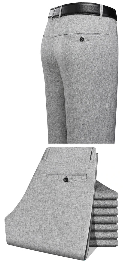 Mens Trousers Business Casual Pants Summer Autumn Dress Straight Pants Elastic Black Grey Loose Formal Pants