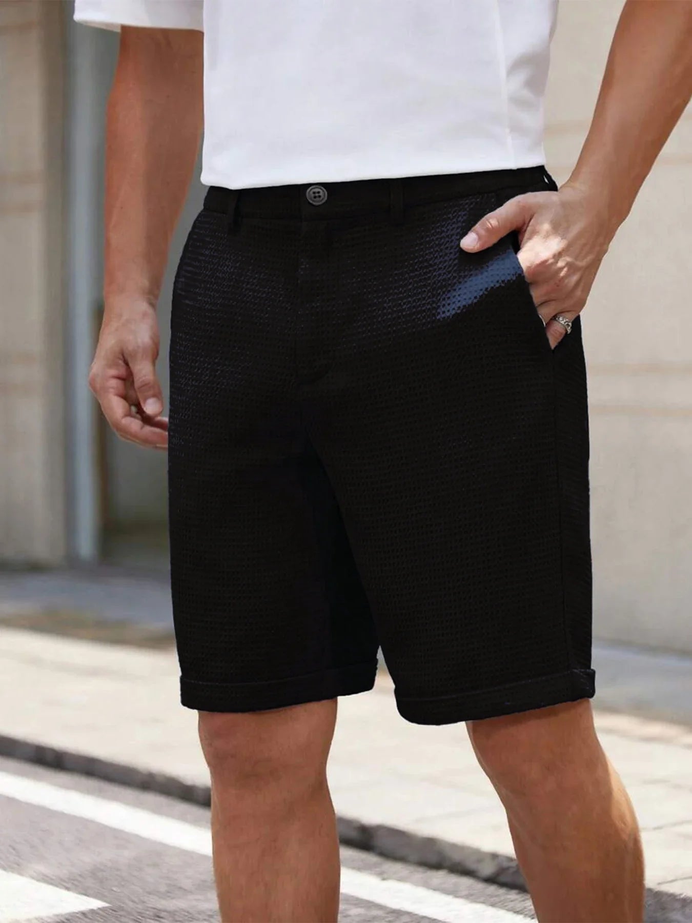 Men's Waffle Texture Slim Fit Shorts Solid Color Button Waist Summer Casual Outdoor Multi-Color Trousers