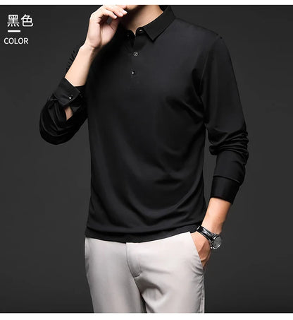 Mulberry Silk Men's Polo Shirts Luxury Long Sleeve Solid Color Golf Male T-shirts Spring Autumn Business Casual Man Tees