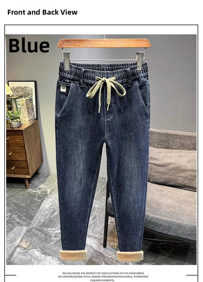 Warm Fleece Lined Elastic Waist Casual Straight Leg Men's Jeans Premium Quality Autumn Winter Thickened Stretch Denim Pants