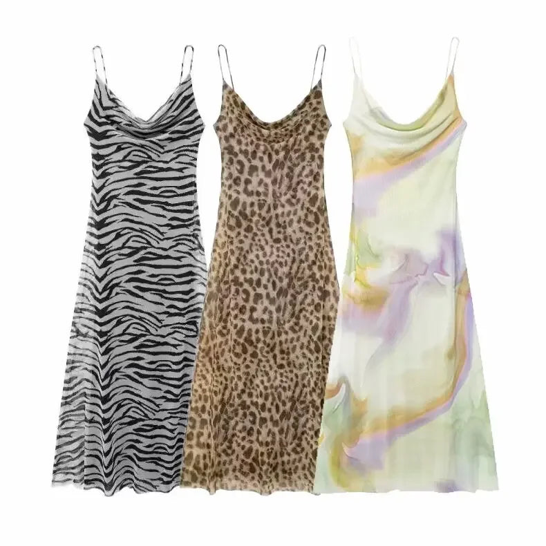 Women Vintage Leopard Print Spaghetti Strap Dress Sexy Backless Tulle Long Dresses Fashion Y2k High Street Vestido Mujer