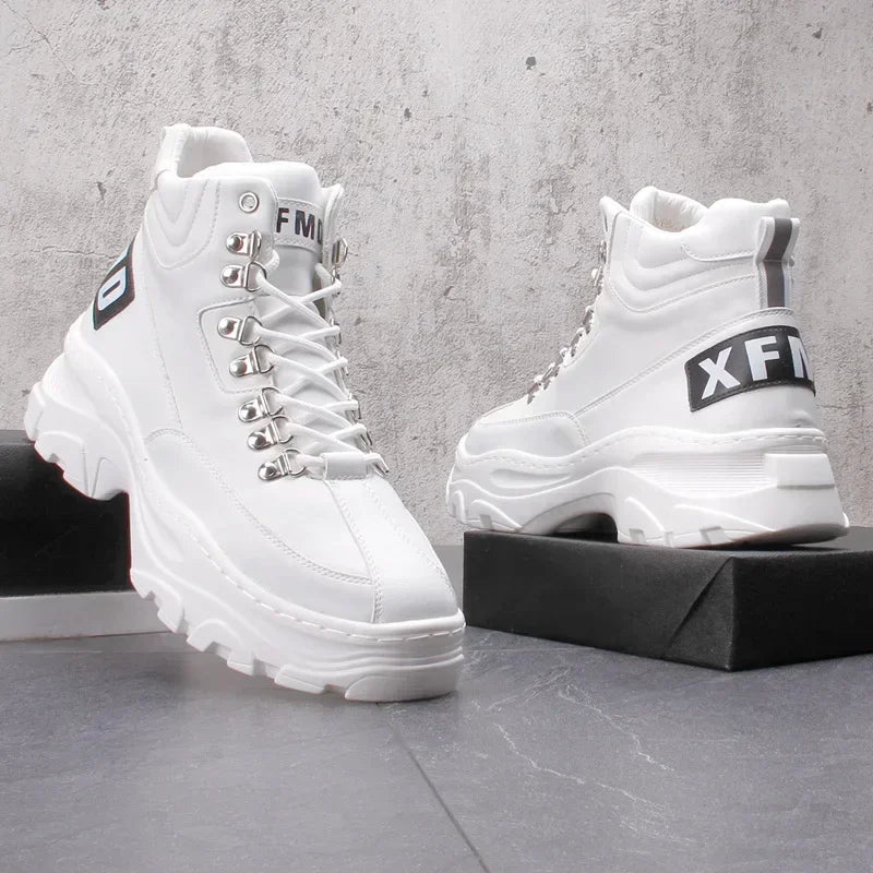 White High Top Board Boots for Men Thick Soled Men Boots with Elevated Height Inside Outdoor Casual Versatile High-top Shoes