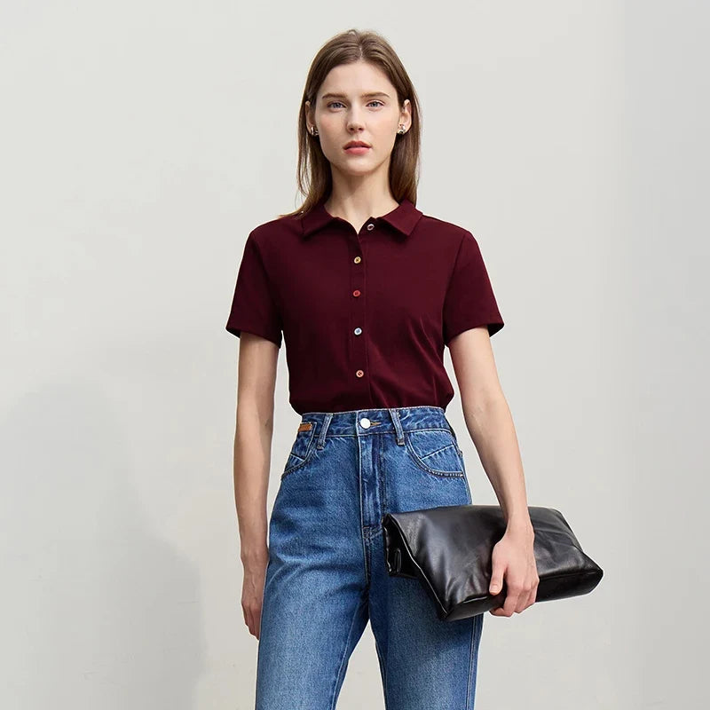 Women's T-Shirt 2026 Summer Lapel Collar Casual Short Sleeve Tee Color Block Button Slim Versatile T Shirts Woman 12652001
