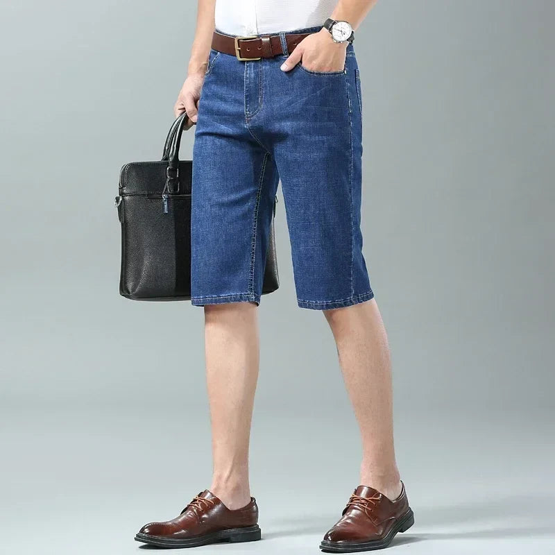 New Summer Men's Denim Shorts Fashion Light Color Casual Loose Multi-pocket Straight Five-minute Pants Elastic Knee Shorts