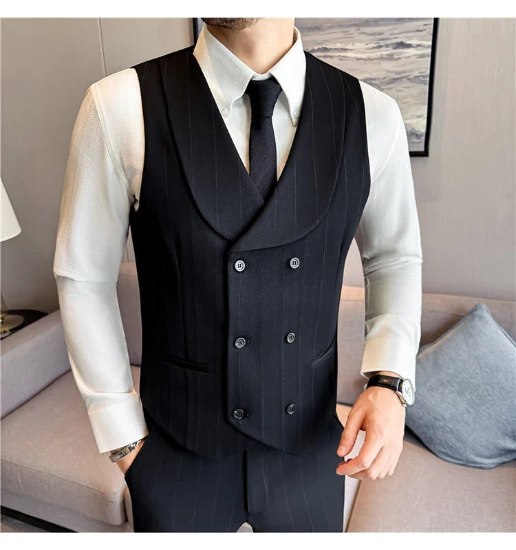 ( Vest+Pants) Autumn Winter Thicken Wool Striped Suit Vest 2 pieces Men Fashion Slim Fit Business Casual Wedding Dress Vest Sets
