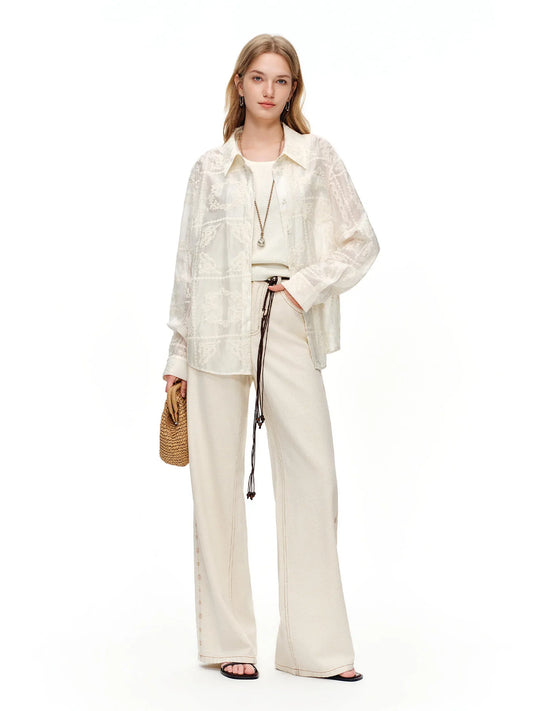 2024 Summer Women's White Linen Blend Embroidered Straight Leg Jeans - Elegant Casual Trousers for Daily and Summer Wear