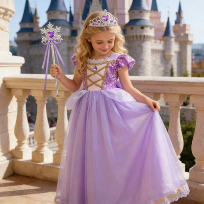 Baby Girls Deluxe Elegant Rapunzal Princess Dress Cosplay Costume Kids Halloween Birthday Party Vestido Purple Puffy Dresses
