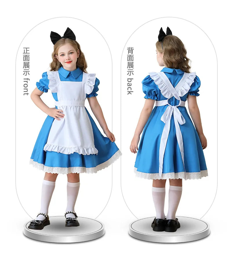 Children Blue Alice In Wonderland Halloween Costume For Kids Party Lolita Maid Dress Cosplay Fancy Carnival Costumes Girls