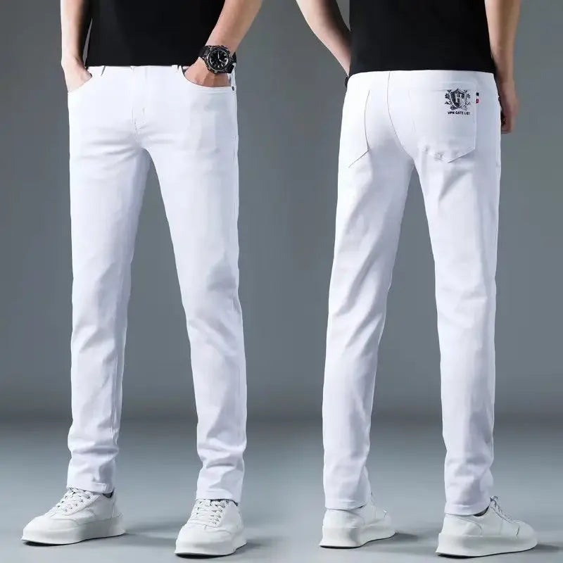 Korean Man Designer Clothes 2025 White Jeans Men Spring Autumn Printed Students Slim Stretch Pencil Pants Workwear Long Trousers