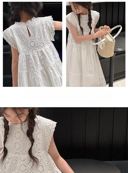 Cotton Medium To Large Children's Clothing Lace White Dress Girls' Princess Little Fresh Vest Dress 2025 Summer New Style
