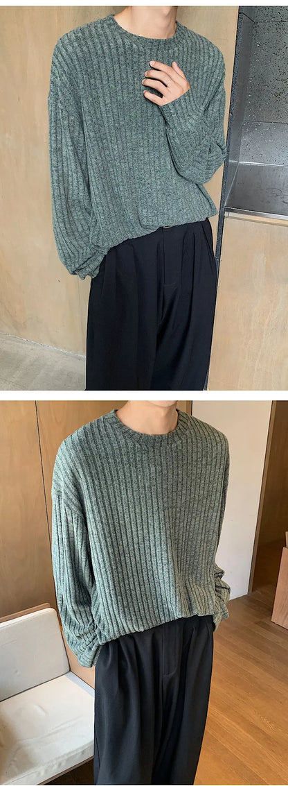 Autumn Long Sleeved T-shirt Men Oversized Fashion Casual Striped T Shirt Men Streetwear Korean Loose Round Neck Tshirt Mens Top