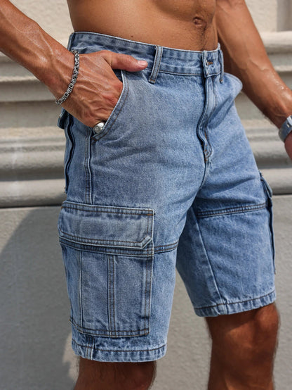 Men's Summer Blue Regular Denim Shorts. Multi-Pocket Design. Stylish and Casual.