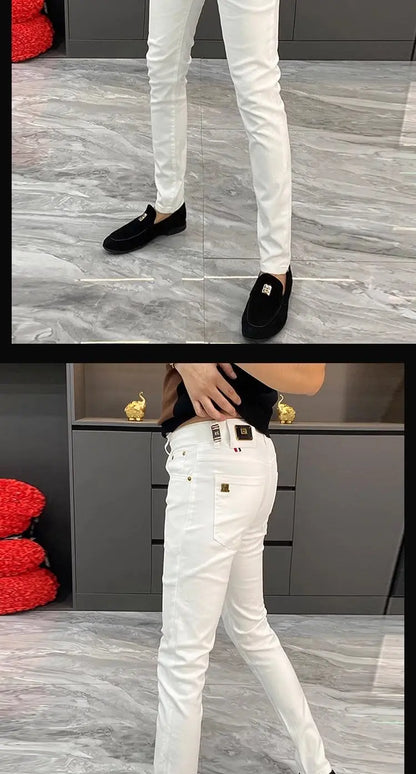 White Jeans Men's European Goods 2025 Summer New Fashion Motorcycle Boots Simple Slim Fit Elastic Versatile Small Feet Trousers