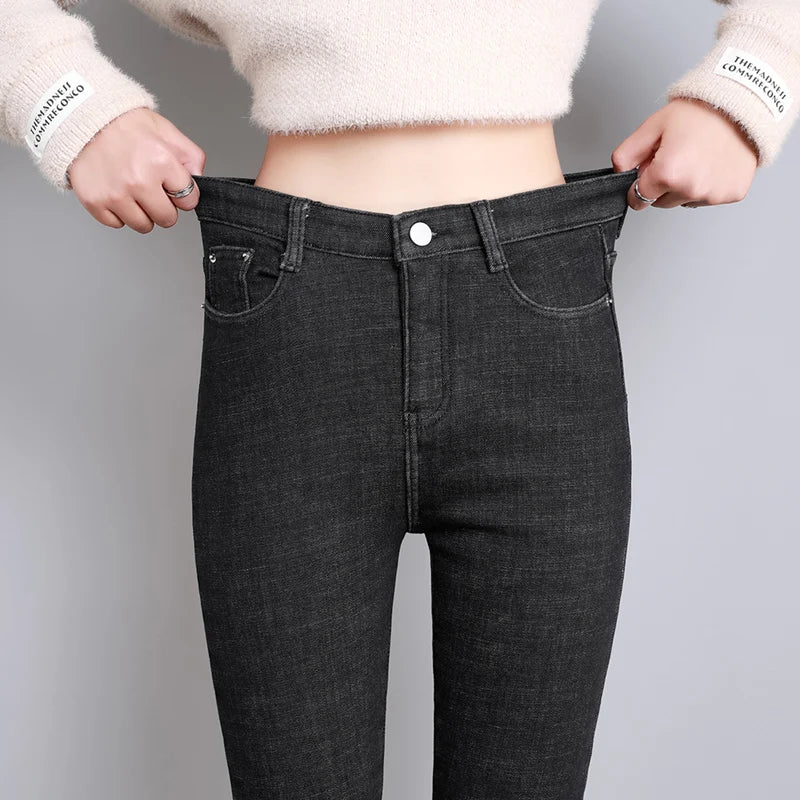2023 Fashion Women Stretch High Waist Pencil Pants Casual Female Velvet Jeans High Quality Fleece Mom Jeans Thick Plush Pants