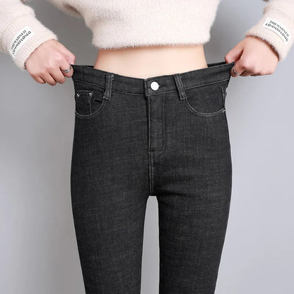 2023 Fashion Women Stretch High Waist Pencil Pants Casual Female Velvet Jeans High Quality Fleece Mom Jeans Thick Plush Pants