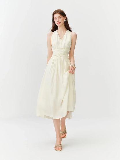 Vacation French Style Halterneck V-neck Waist Sleeveless Dress for Women 2026 Summer New Twist Mid-length Elegant Ins