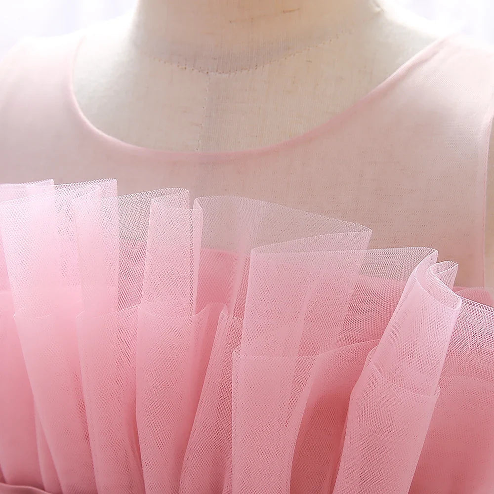 Elegant Ruffles Wedding Party Baby Girls Dress Tulle Pink Bow Bridemaid Princess Birthday Kids Dresses For Girl Evening Costumes