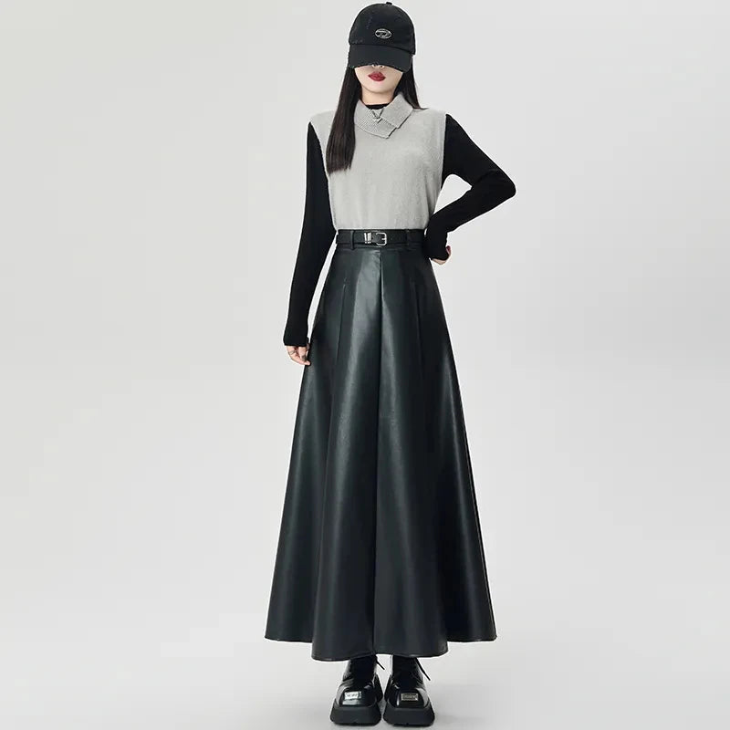 Vintage PU leather women midi skirts Y2K Autumn high waist Streetwear with belt pleated Skirt female elegant Solid A line skirts