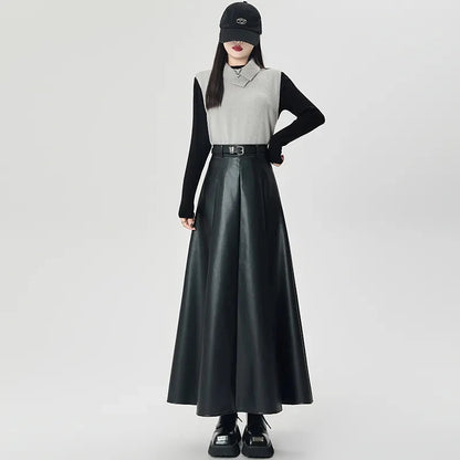 Vintage PU leather women midi skirts Y2K Autumn high waist Streetwear with belt pleated Skirt female elegant Solid A line skirts