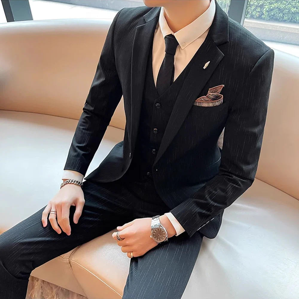 ( Blazer + Vest + Pants ) High-end Formal Casual Business Striped Fashion Men's 3 Piece Suit Groom Wedding Dress Suit