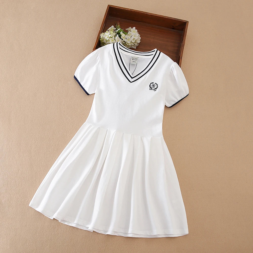 Girls' Navy Summer Dress V-Neck Polo Pleated Dress for School 5-12 Years Girls Clothing