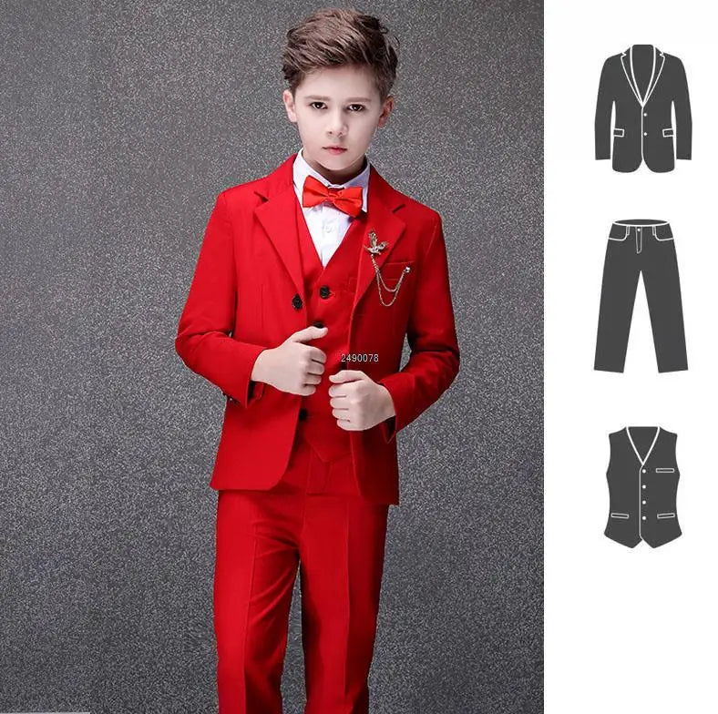 Flower Boys Photograph Suit Kids Red Wedding Suit Teenager Birthday Party Tuxedo Dress Children Graduation Stage Show Costume