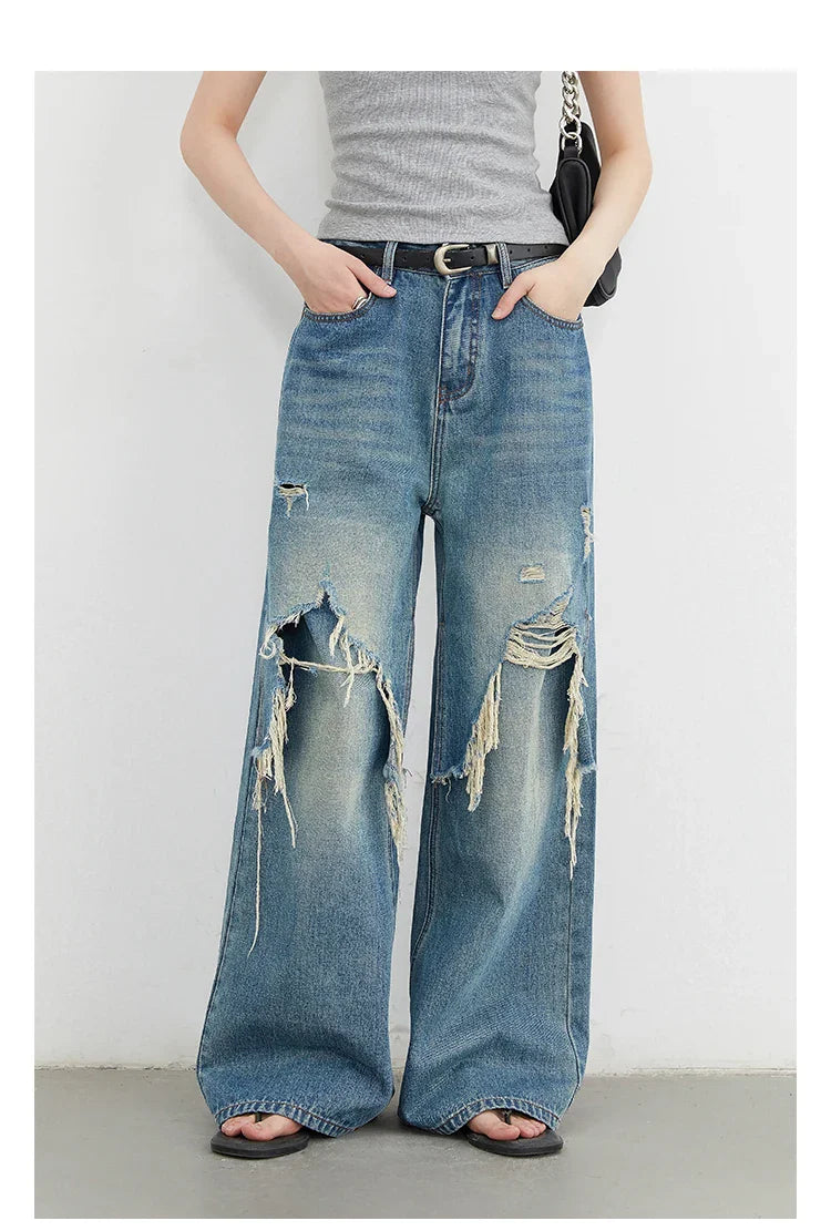 Women Jeans Loose Casual High Waisted Wide Leg Ripped Rough Edge Denim Pants Female Trousers Spring Autumn 2025