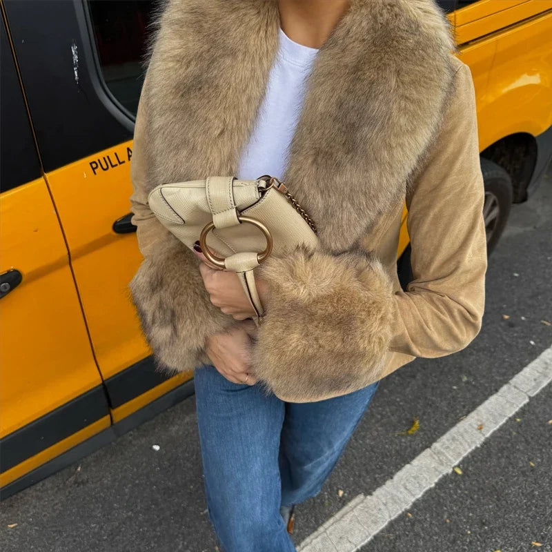 Faux Fur Suede Blazers for Women Faux Leather Women's Tailoring Blazers Winter Luxury Woman Blazer Fitted Coats and Jacket