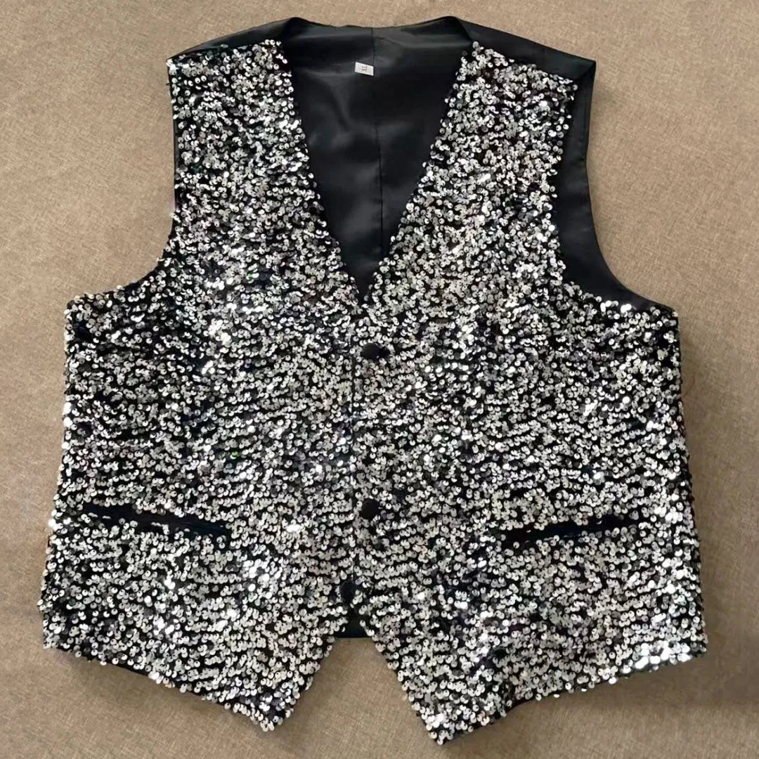 Men Vest Black Sequin V Neck Single Button Waistcoat For Wedding Birthday Banquet Party Business Daily Casual Men Suit Vest