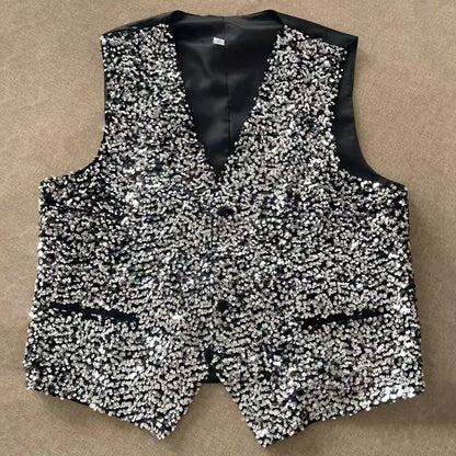 Men Vest Black Sequin V Neck Single Button Waistcoat For Wedding Birthday Banquet Party Business Daily Casual Men Suit Vest