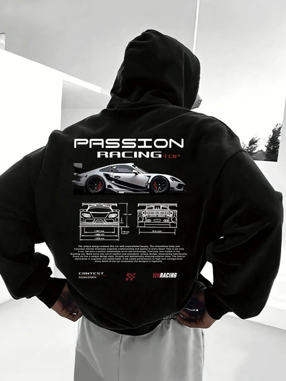 Popular digital pattern men's hooded sweatshirt with car-themed design, American-style casual sports long-sleeved shirt