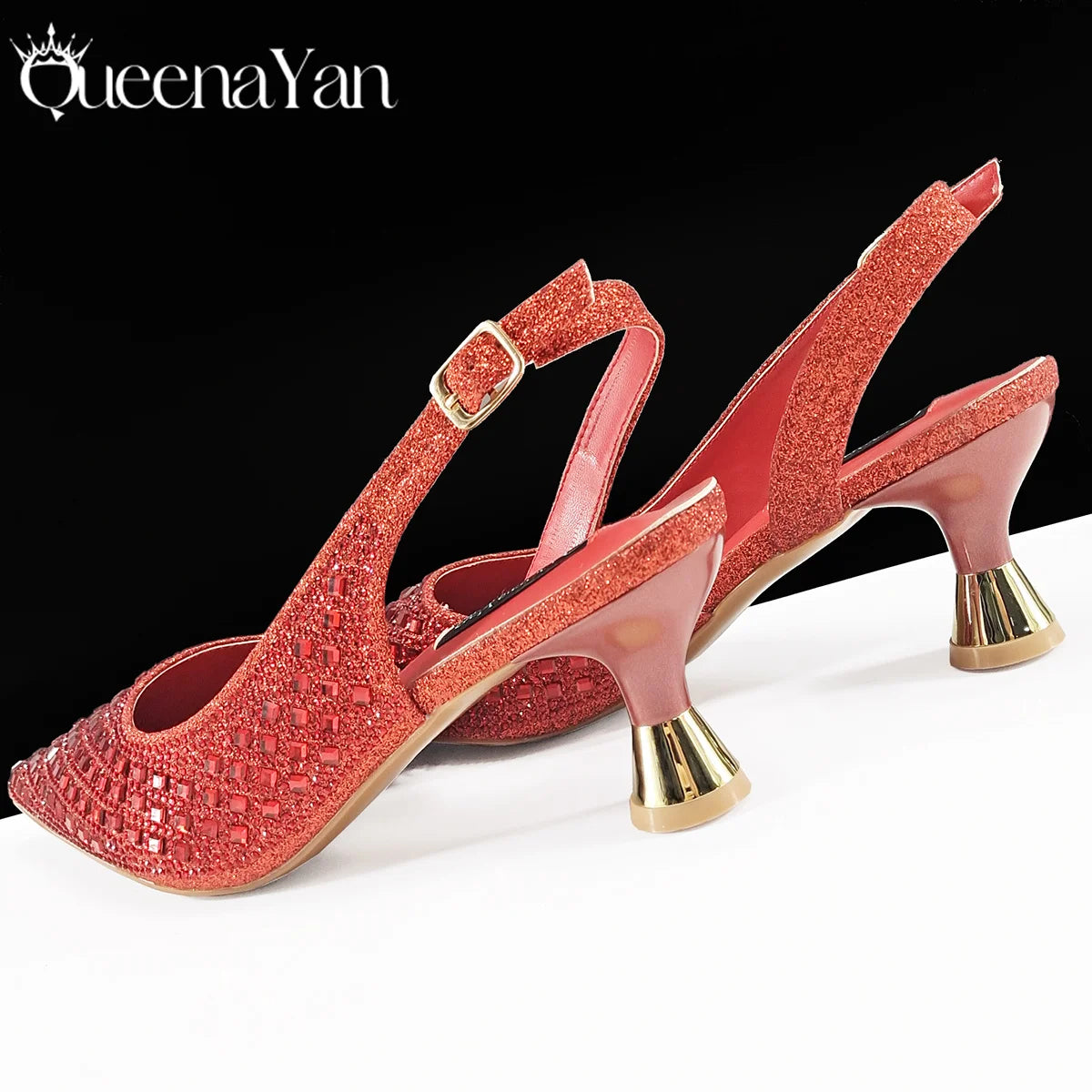 Queena Yan 2025 Italian Design Rhinestone Luxury Navy Blue Pointed Toe Shoe & Bag Set Women High Heels for Parties High Quality
