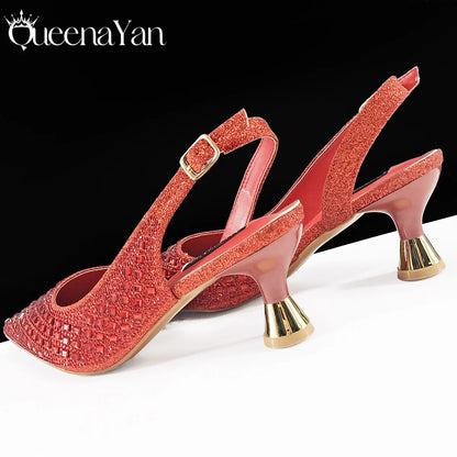 Queena Yan 2025 Italian Design Rhinestone Luxury Navy Blue Pointed Toe Shoe & Bag Set Women High Heels for Parties High Quality