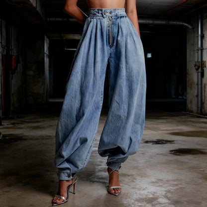 Women Harem Denim Pants Causal High Waist Wide Leg Baggy Solid Color Trousers with Pockets