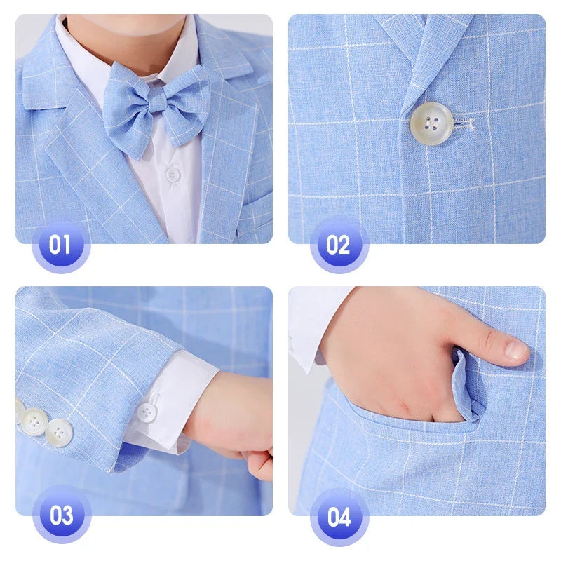 Boys Suit Wedding Ring Bearer Outfit Kids Suit Set Plaid Striped Blazer Suit Pants Bow Tie Pink Suit 2-14Years