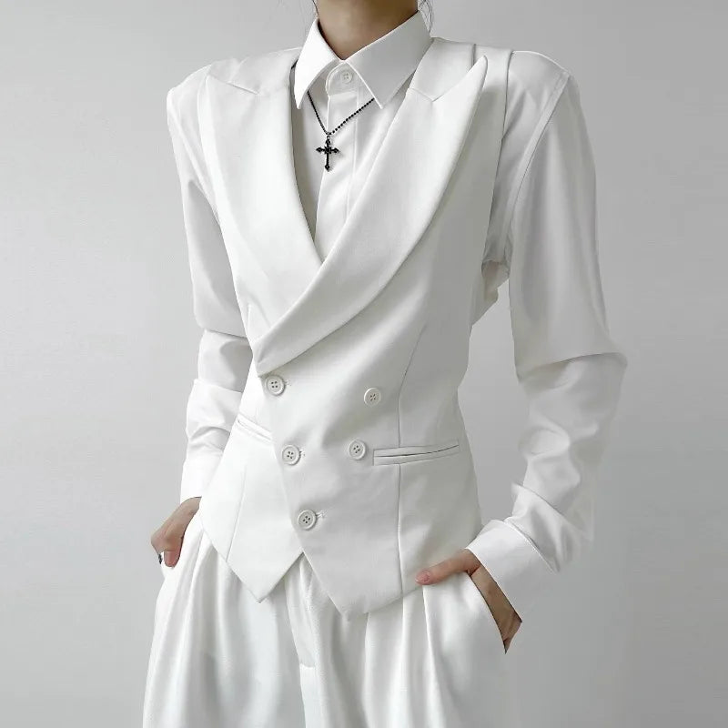 Men Vest Korean Simple Solid Turn Down Collar Sleeveless Man Waistcoat Slim Double-breasted Versatile Male Suit Vest