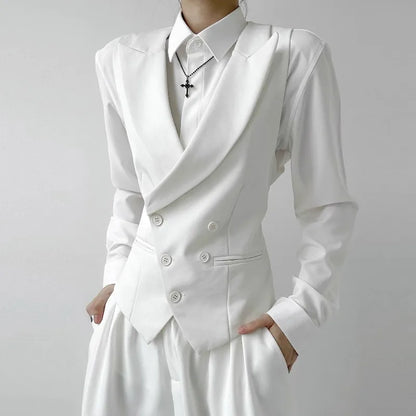 Men Vest Korean Simple Solid Turn Down Collar Sleeveless Man Waistcoat Slim Double-breasted Versatile Male Suit Vest