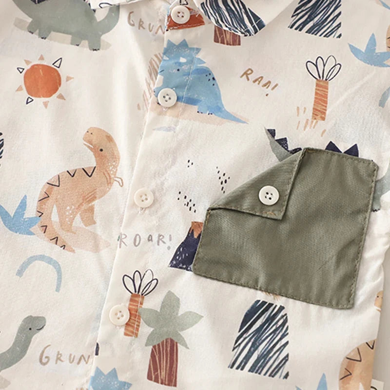 0-5 Years Old Baby Boys Summer Dinosaur Outfit, Short Sleeve Printed Shirt & Solid Cargo Shorts, 2Pcs Clothes Set