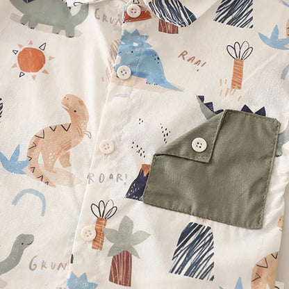 0-5 Years Old Baby Boys Summer Dinosaur Outfit, Short Sleeve Printed Shirt & Solid Cargo Shorts, 2Pcs Clothes Set