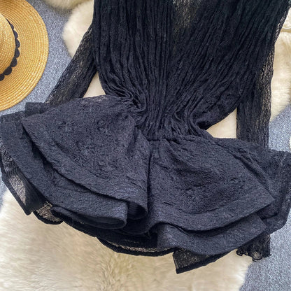 Autumn Streetwear Tops Suits Women O Neck Full Sleeves Thin Sheer Lace Shirts+Sleeveless Outerwear Ruffles Tank Top