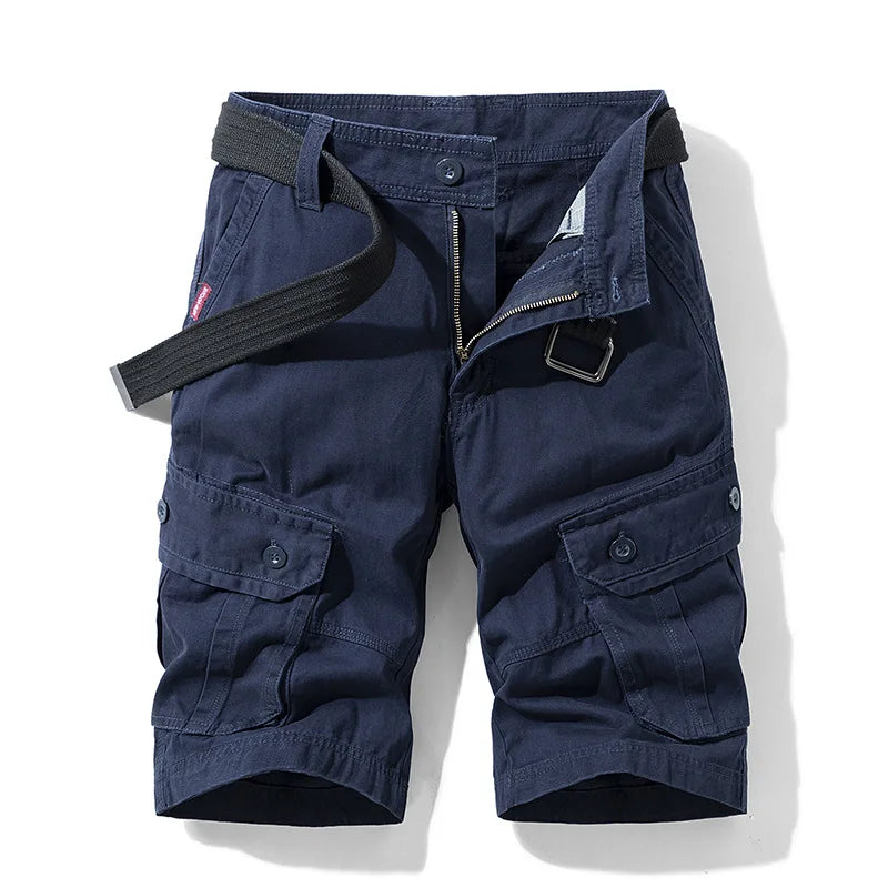 Summer Cargo Shorts Men's Pure Cotton Vintage Washed Multi Pocket Casual Straight Leg Trendy Knee Length Pants Streetwear