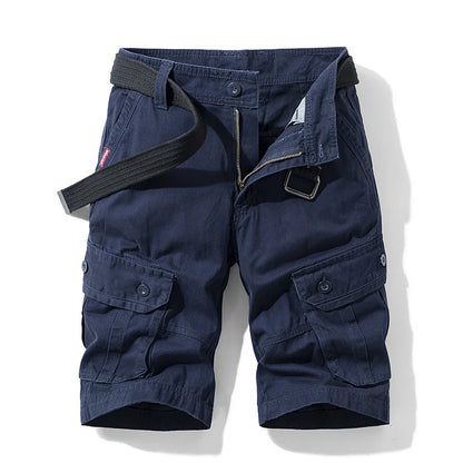 Summer Cargo Shorts Men's Pure Cotton Vintage Washed Multi Pocket Casual Straight Leg Trendy Knee Length Pants Streetwear