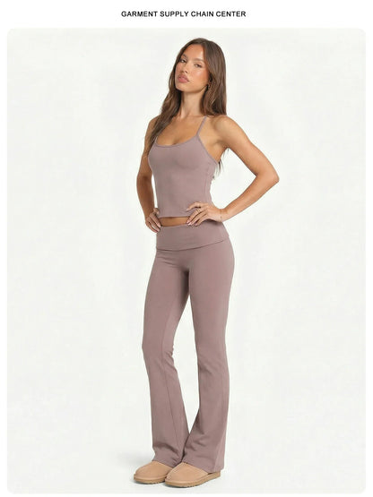 2 Piece Yoga Set Women Foldover Waist Flare Pants Bell Bottoms Tank Top Matching Set Gym Workout Fitness Wear Lounge Wear Suit