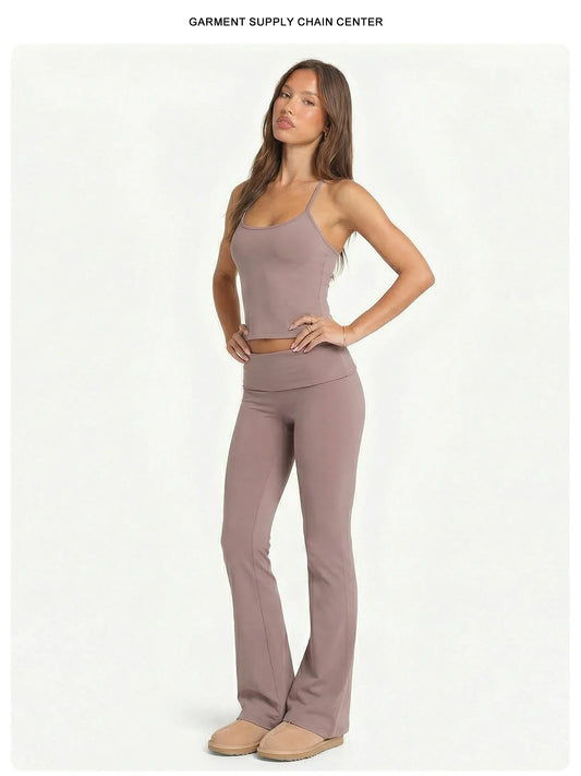 2 Piece Yoga Set Women Foldover Waist Flare Pants Bell Bottoms Tank Top Matching Set Gym Workout Fitness Wear Lounge Wear Suit