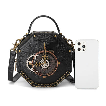 New Gothic Leather Clock Bag Steampunk Shoulder Bags Vintage Women Handbags Messenger Crossbody Bag Ladies Rivet Top-Handle Bags