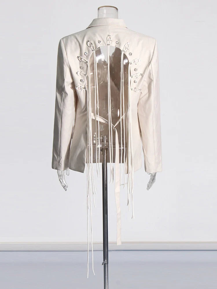 Patchwork Diamonds Backless Blazer For Women Notched Collar Long Sleeve Spliced Button Chic Blazers Female Style