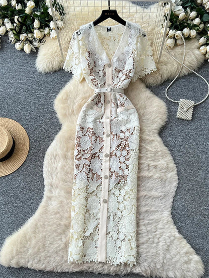 Classy Vintage Flower Lace Dress Office Lady Hollow Out Sashes Short Sleeve Bodycon French Senior Straight Long Dress