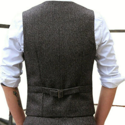 Men Vest Gray Herringbone Single Button With Pocket V Neck Waistcoat For Wedding Banquet Business Work Casual Daily Men Vest