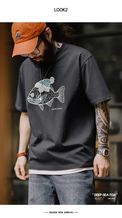 Vintage Flocked Print Short-sleeved T-shirts Animal Pattern Cotton Round Neck Tops for Men's Summer Casual Loose Fit Tee